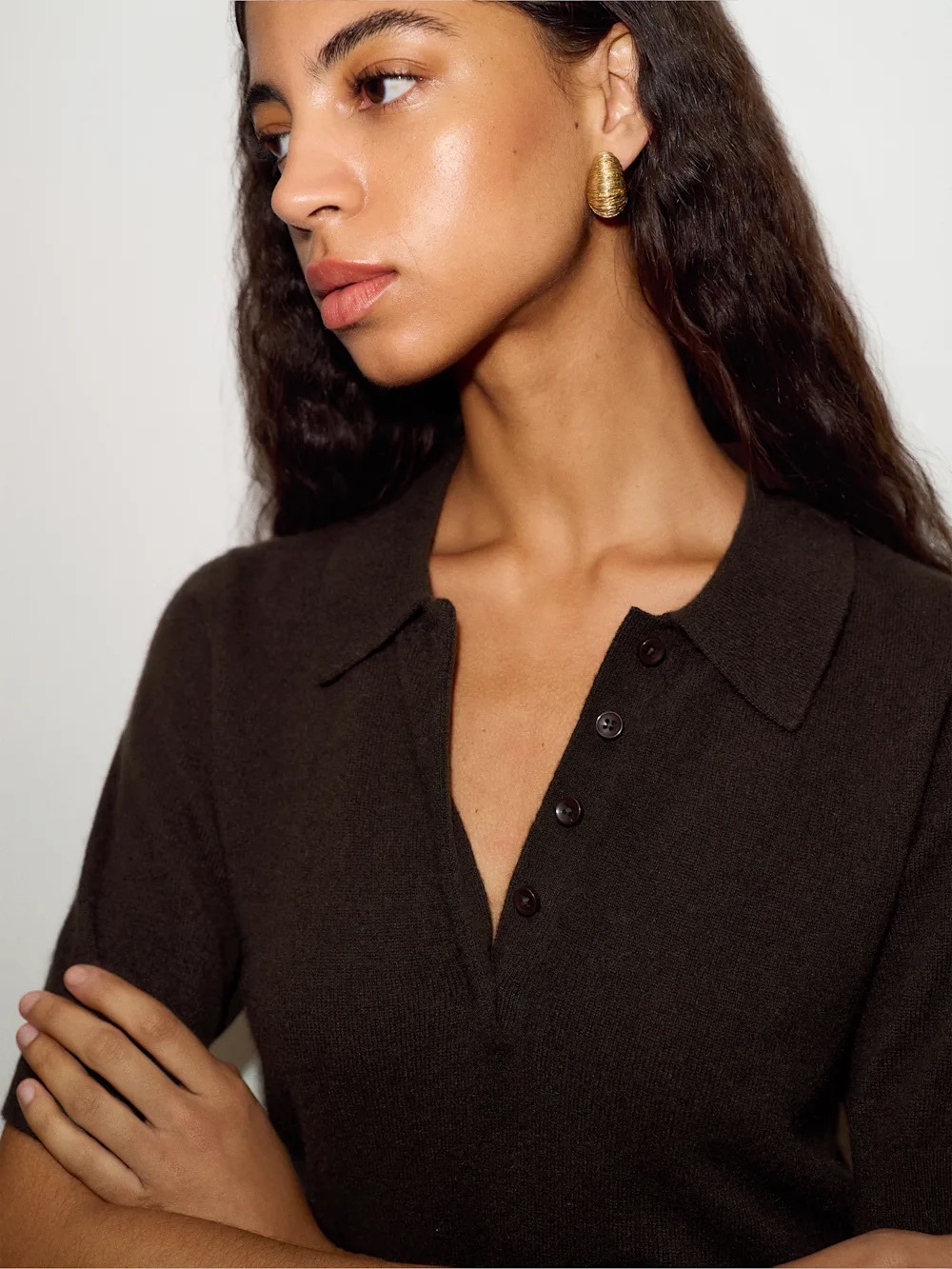 Reformation Cropped Polo Knit Top in Dark Brown - Picture 3 of 3